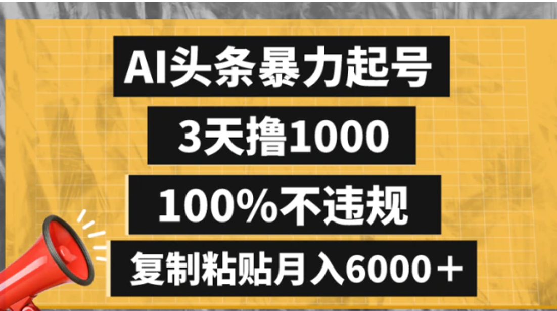 AI头条暴力起号，3天撸1000,100%不违规，复制粘贴月入6000＋-大源资源网