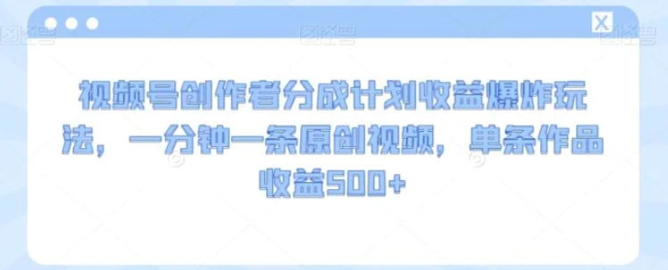 视频号创作者分成计划收益爆炸玩法，一分钟一条原创视频，单条作品收益500+-大源资源网