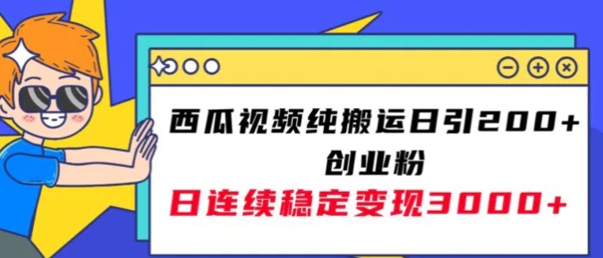 西瓜视频纯搬运日引200+创业粉，日连续变现3000+实操教程！-大源资源网