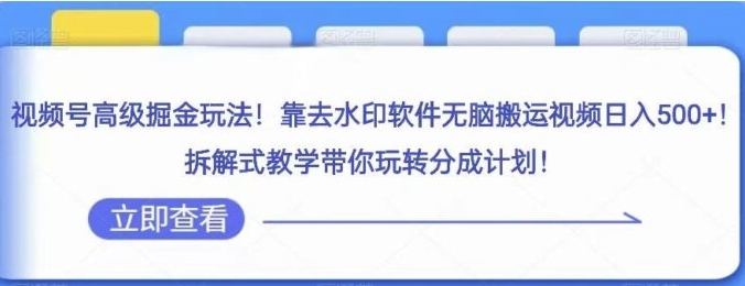 视频号高级掘金玩法，靠去水印软件无脑搬运视频日入500+，拆解式教学带你玩转分成计划【揭秘】-大源资源网