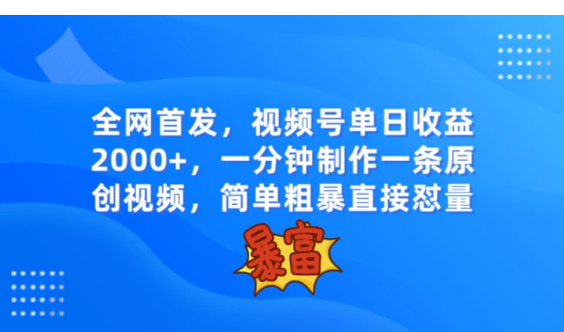 全网首发，视频号单日收益2000+，一分钟制作一条原创视频，简单粗暴-大源资源网