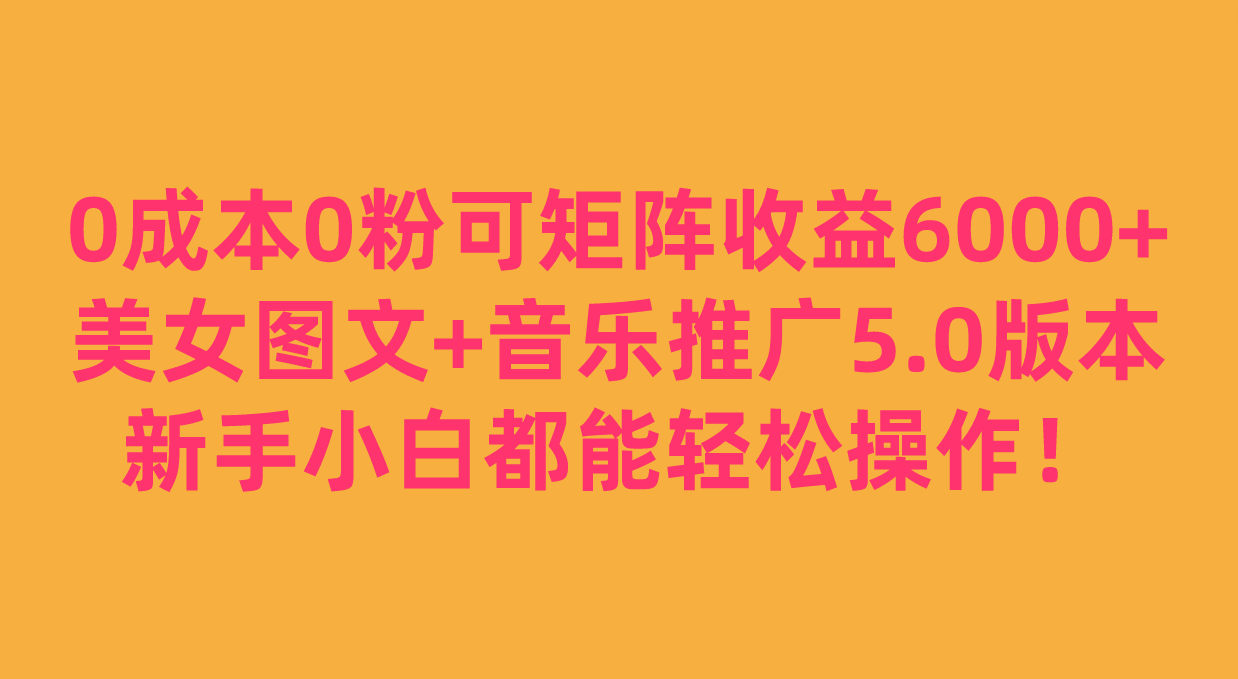 0成本0粉可矩阵月收益6000+，美女图文+音乐推广5.0版本，新手小白都能轻松-大源资源网