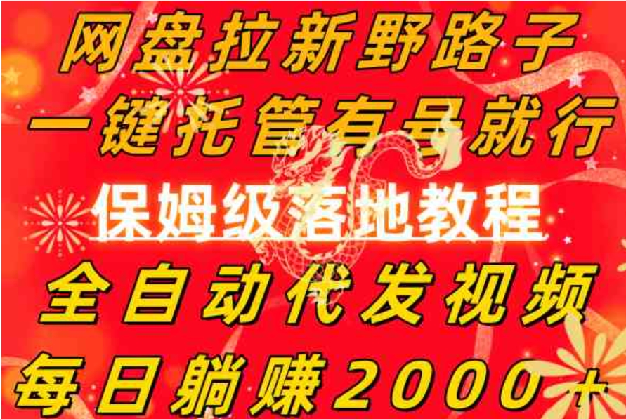 网盘拉新野路子，一键托管有号就行，全自动代发视频，每日躺赚2000＋，…-大源资源网