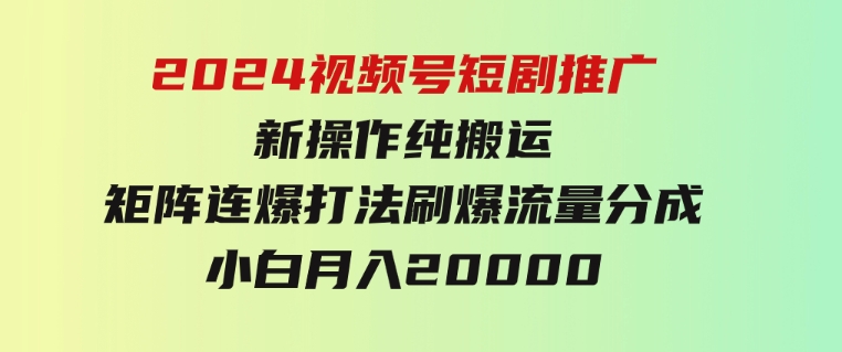 2024视频号短剧推广新操作 纯搬运+矩阵连爆打法刷爆流量分成 小白月入20000-大源资源网