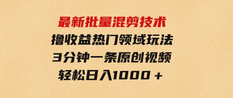 最新批量混剪技术撸收益热门领域玩法，3分钟一条原创视频，轻松日入1000＋-大源资源网