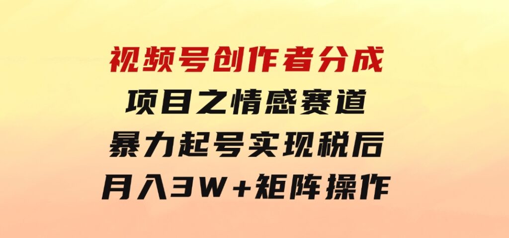 视频号创作者分成项目之情感赛道，暴力起号，实现税后月入3W+矩阵操作-大源资源网