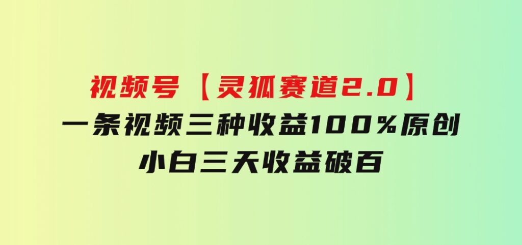 视频号【灵狐赛道2.0】一条视频三种收益 100%原创 小白三天收益破百-大源资源网