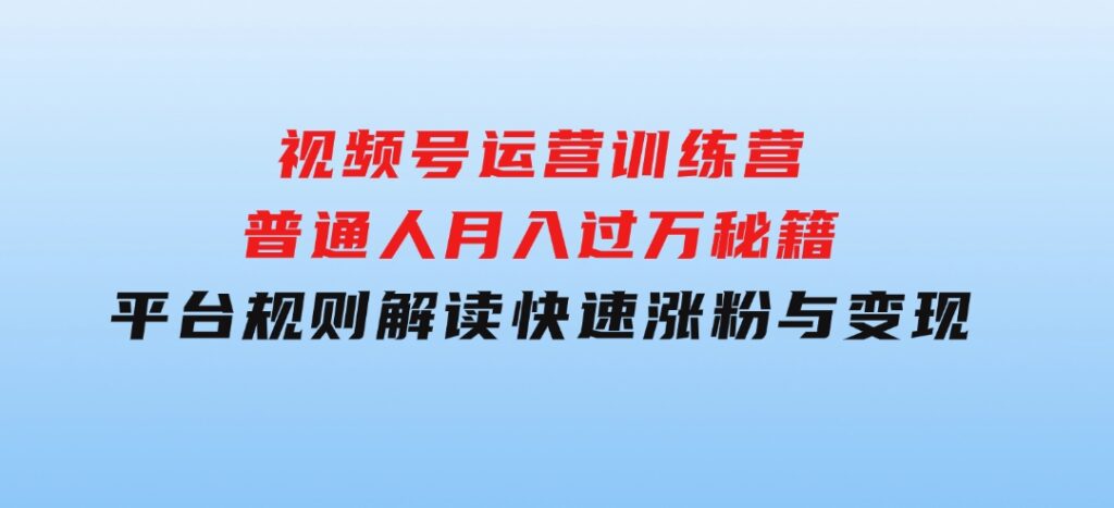 视频号运营训练营：普通人月入过万秘籍，平台规则解读，快速涨粉与变现…-大源资源网