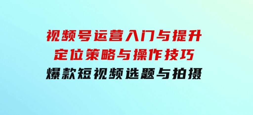 视频号运营入门与提升：定位策略与操作技巧，爆款短视频选题与拍摄-大源资源网