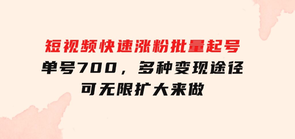 短视频快速涨粉，批量起号，单号700，多种变现途径，可无限扩大来做。-大源资源网